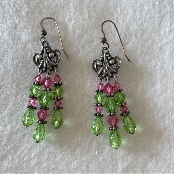 Hand Crafted 925 Silver Pink Green Beaded Chandelier Tassel Drop Earrings NEW